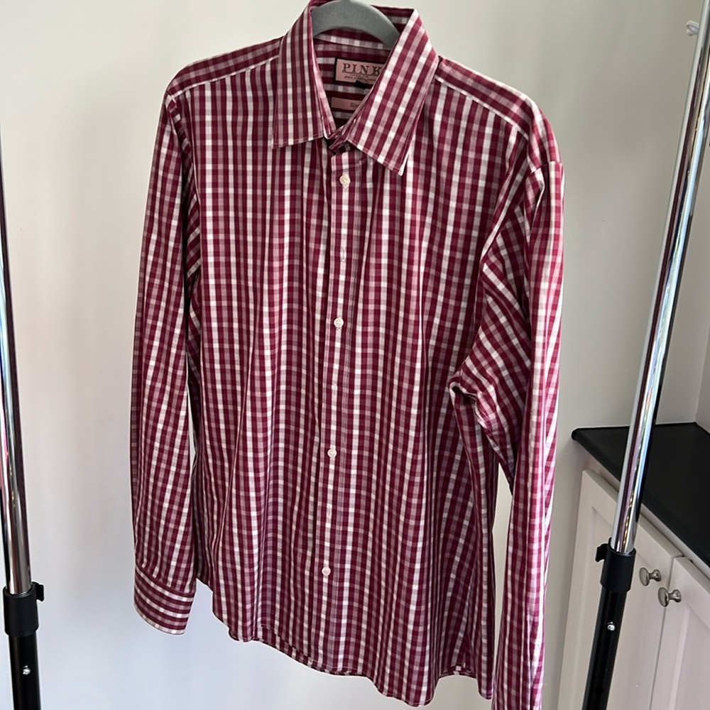 Thomas Pink neck 16.5 slim fit maroon white check shirt